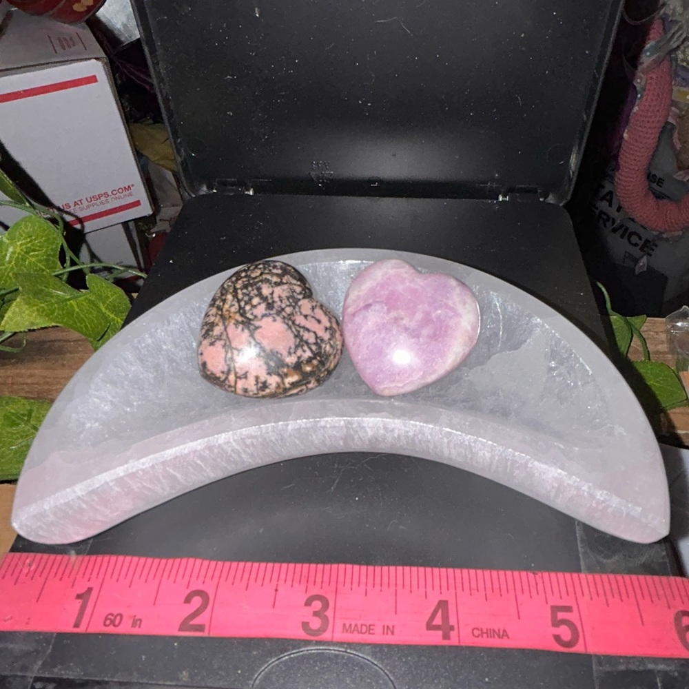 Selenite Moon BOWL CRYSTAL CHARGING STATION , cleansing dish plus 2- Hearts